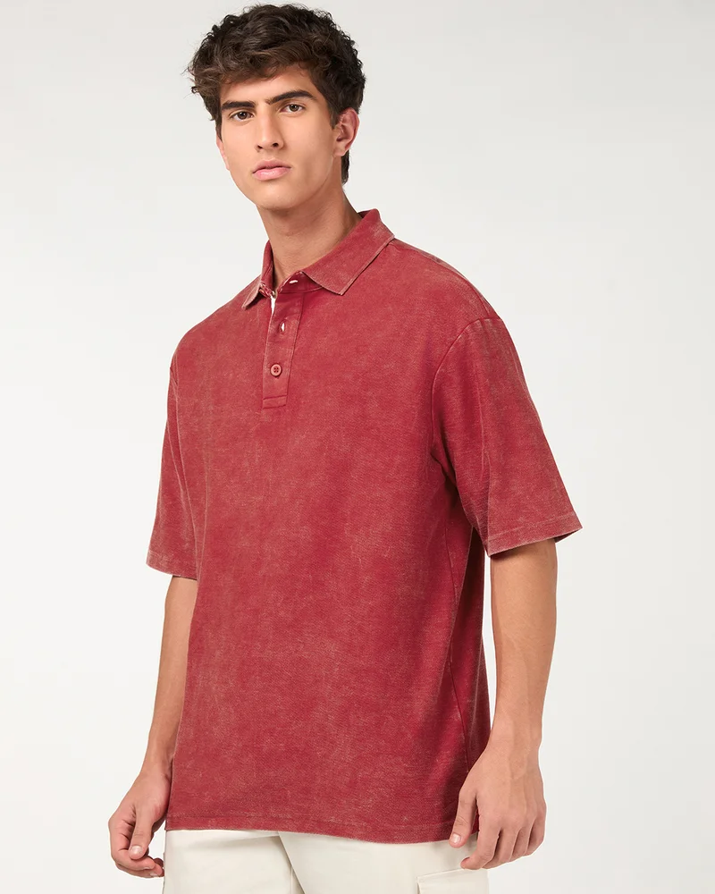 bewakoof Men's Salsa Red Oversized Acid Wash Polo T-shirt
